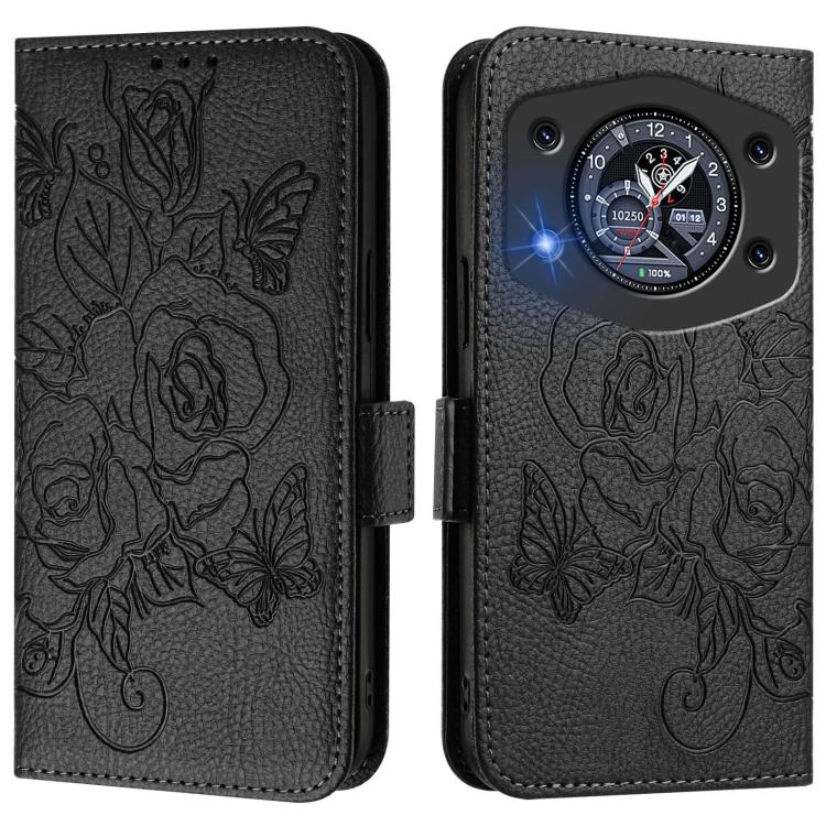 Black embossed rose leather flip phone case with magnetic flap and camera cutout
