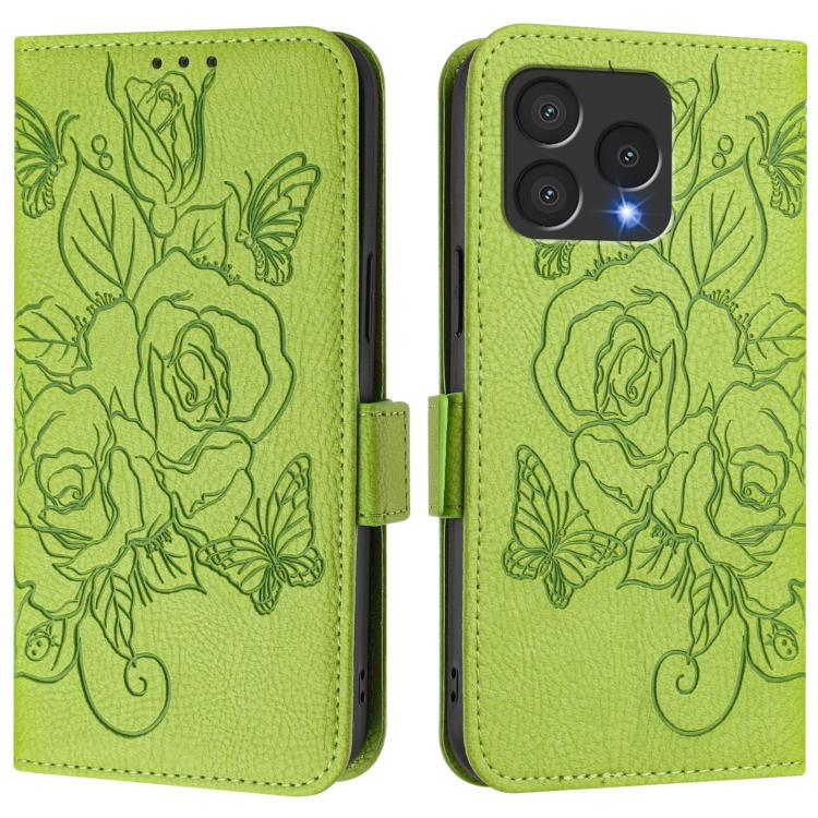 Green leather phone case with embossed rose pattern and folding side flap