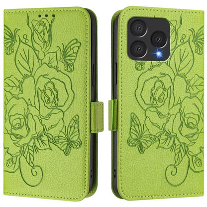 Green leather phone case with embossed rose pattern and folding side flap