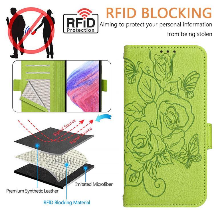Green RFID blocking embossed rose leather phone case with card holder and wrist strap