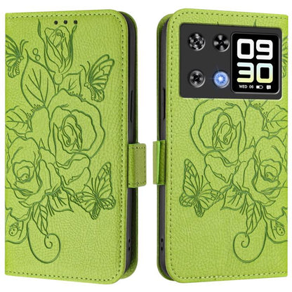 RFID anti-theft leather phone case, light green embossed rose floral, flip cover