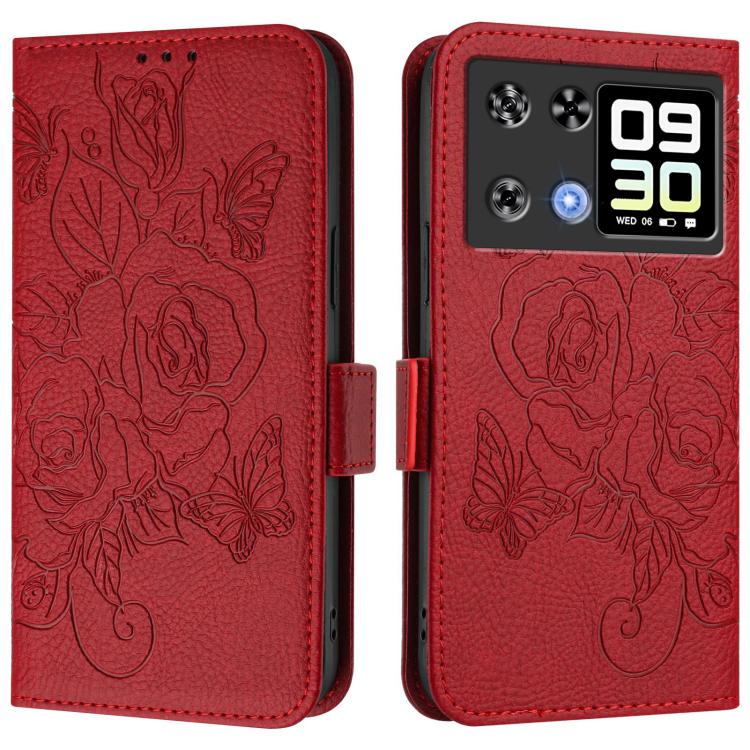 RFID anti-theft leather phone case, red embossed rose floral, flip cover