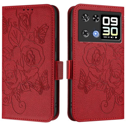 RFID anti-theft leather phone case, red embossed rose floral, flip cover