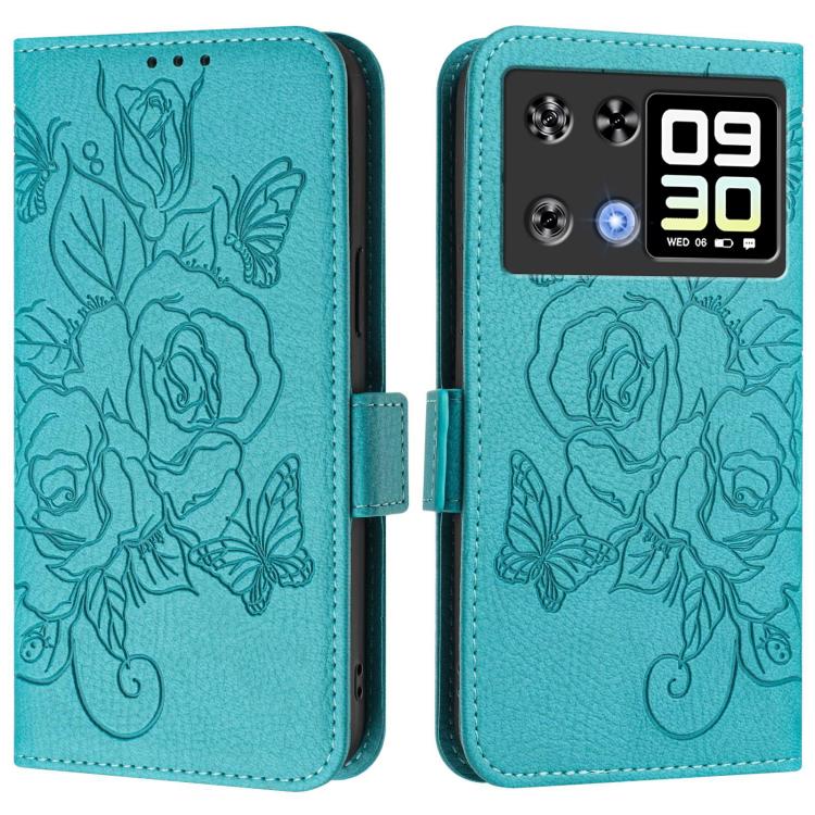 RFID anti-theft leather phone case, light blue embossed rose floral, flip cover