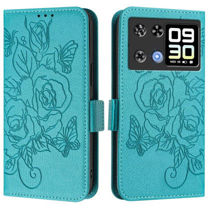RFID anti-theft leather phone case, light blue embossed rose floral, flip cover
