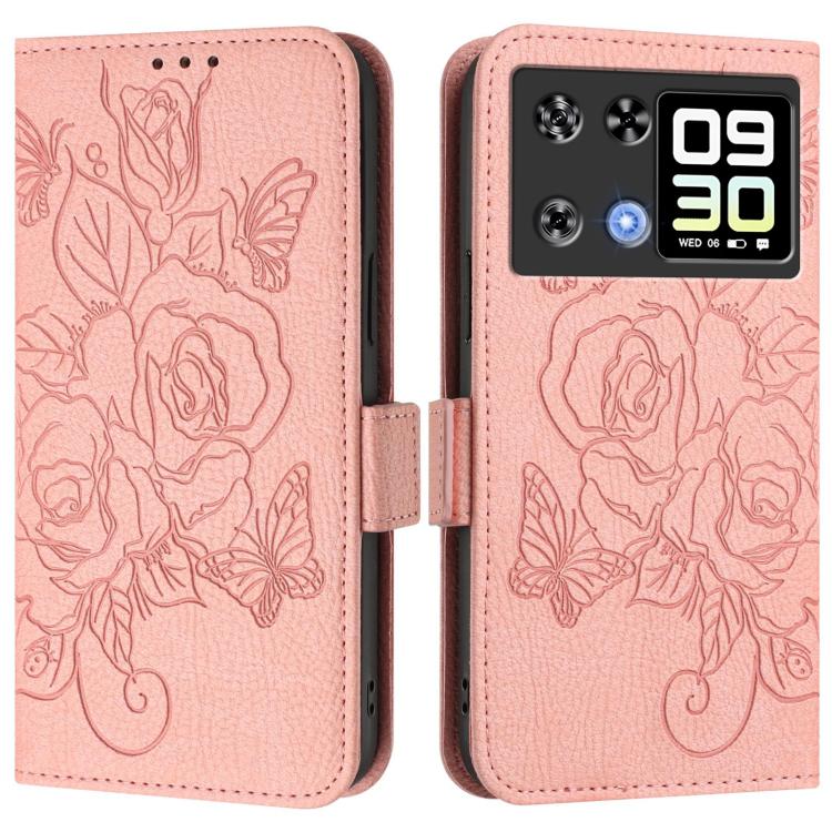 RFID anti-theft leather phone case, pale pink embossed rose floral, flip cover