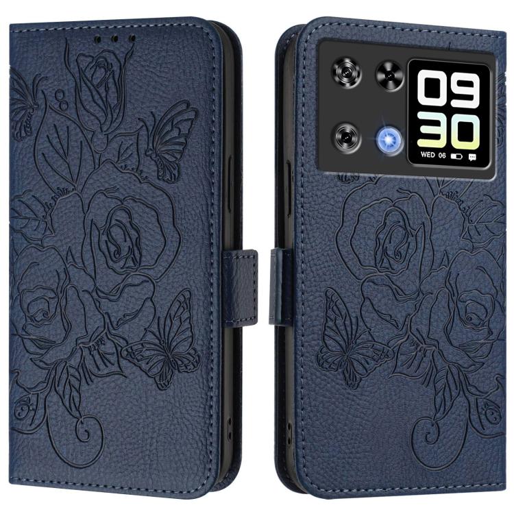 RFID anti-theft leather phone case, dark blue embossed rose floral, side flip