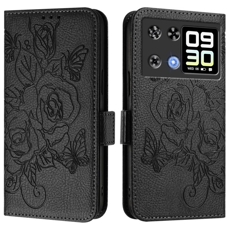 RFID anti-theft leather phone case, black embossed rose floral, side flip