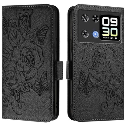 RFID anti-theft leather phone case, black embossed rose floral, side flip
