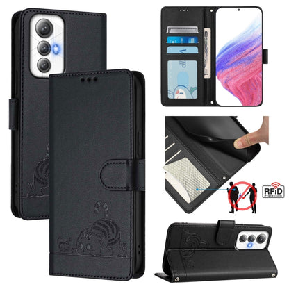 Black embossed cat/rat RFID phone wallet case with lanyard, flip cover