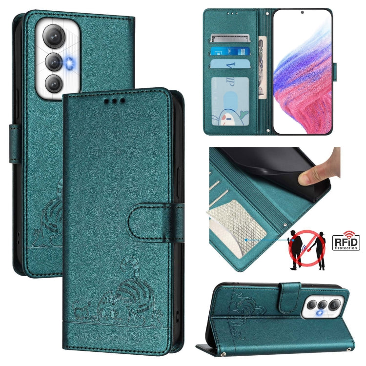 Teal embossed cat/rat RFID phone wallet case with lanyard, card slot pocket