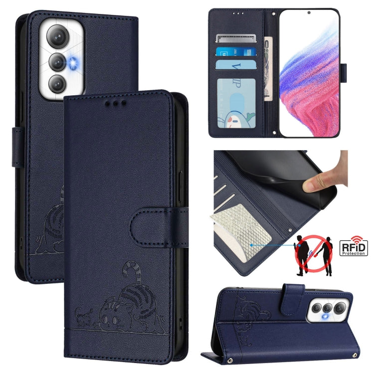 Navy embossed cat/rat RFID phone wallet case with lanyard, flip cover