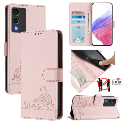 Rose pink embossed cat/rat RFID phone wallet case with lanyard, flip cover