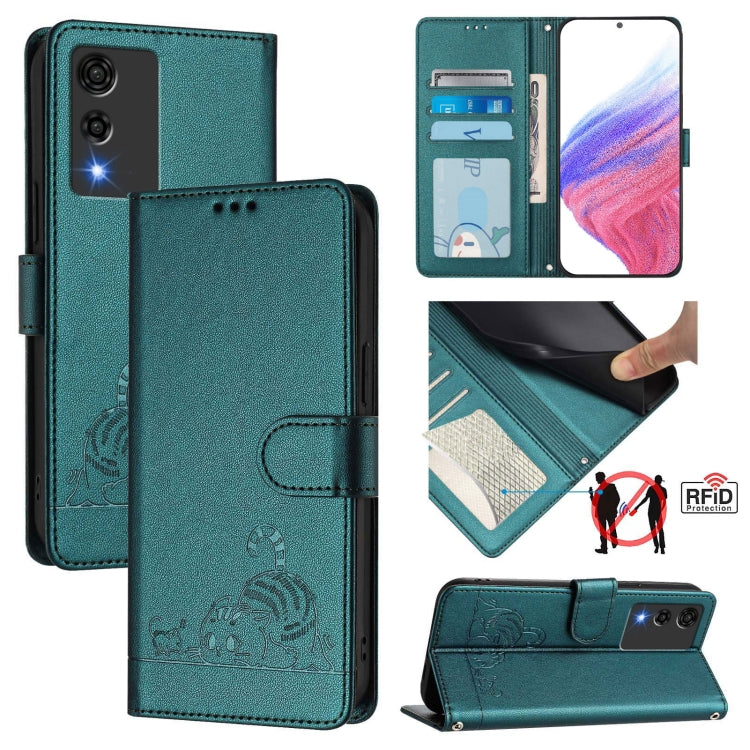 Teal RFID leather phone wallet case with lanyard, cat-and-rat embossed pattern, flip cover.