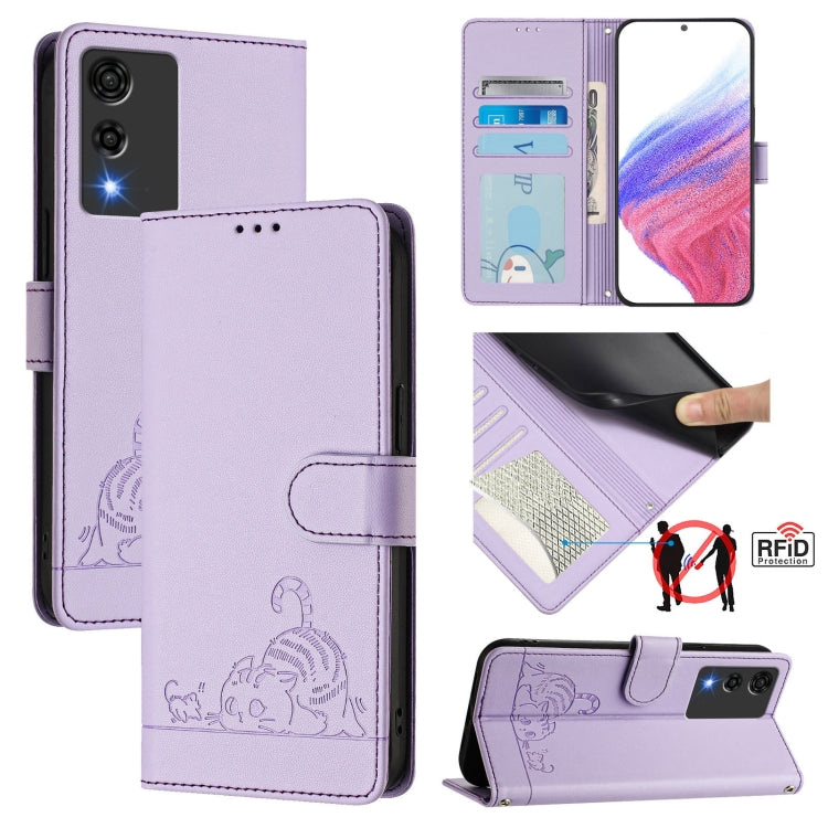 Purple RFID leather phone wallet case with lanyard, cat-and-rat embossed pattern, flip cover.