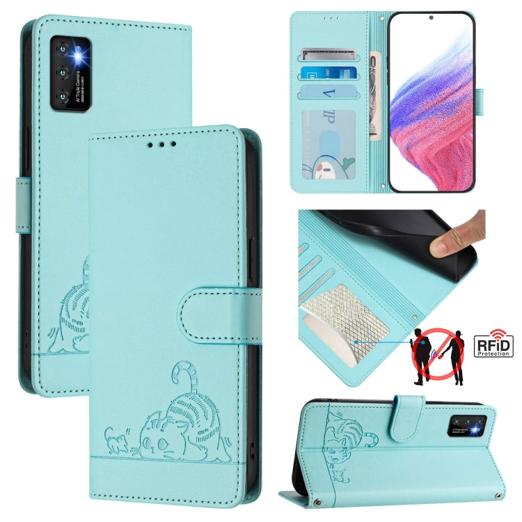 Light teal RFID leather phone wallet case with lanyard, cat-and-rat embossed pattern, flip cover.