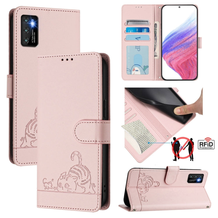 Pink cat-embossed RFID leather phone case with card slots and lanyard, flip cover