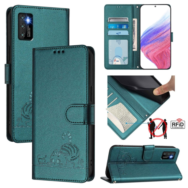 Teal cat-embossed RFID leather phone case with flip cover, card pocket, lanyard