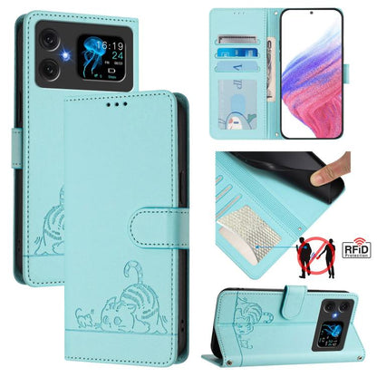 RFID leather phone wallet case, mint green, embossed cat and rat pattern, magnetic flap