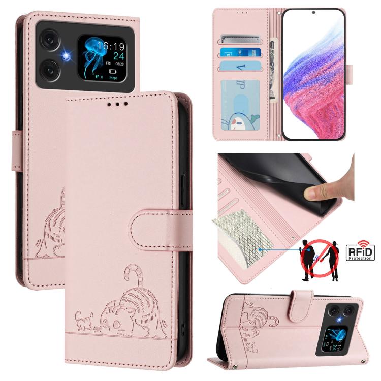 RFID leather phone wallet case, pink, embossed cat and rat pattern, magnetic flap