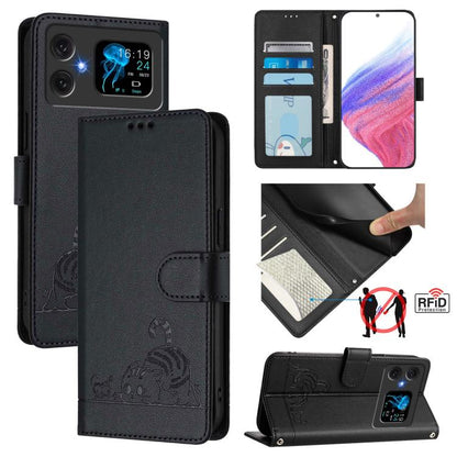RFID leather phone wallet case, black, embossed cat and rat pattern, magnetic flap