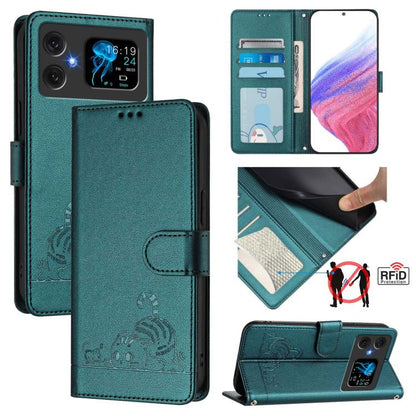 RFID leather phone wallet case, peacock green, embossed cat and rat pattern, magnetic flap