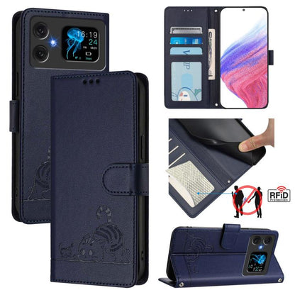 RFID leather phone wallet case, dark blue, embossed cat and rat pattern, magnetic flap