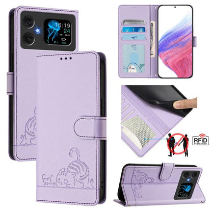 Lavender embossed cat/rat RFID phone wallet case with lanyard, flip cover