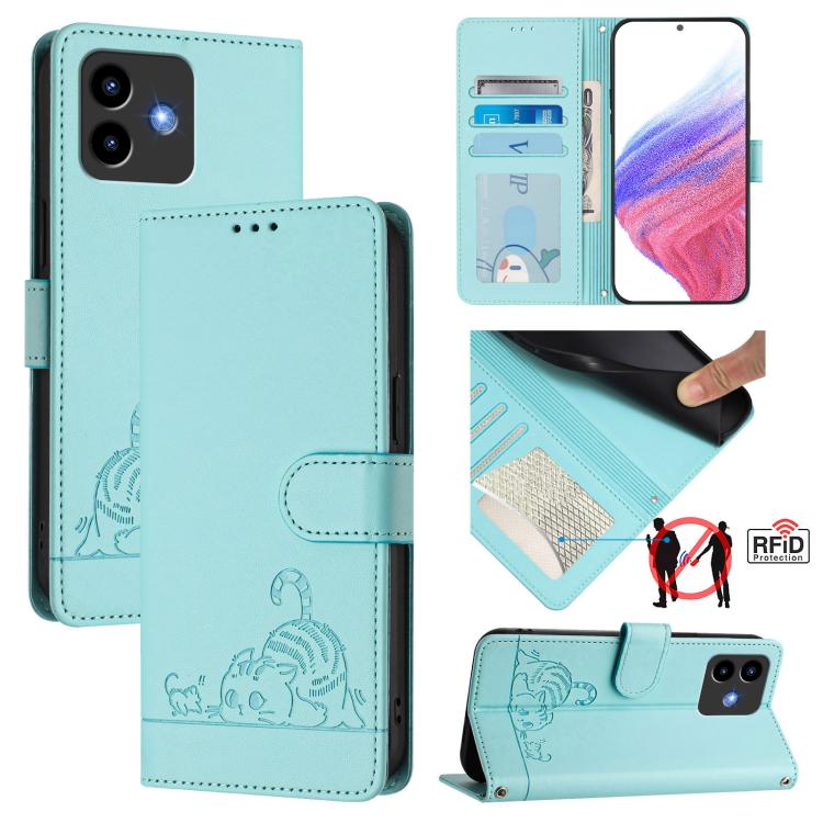 Mint green RFID leather phone wallet case with lanyard, cat-and-rat embossed pattern, flip cover.