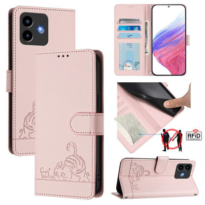 Pink RFID leather phone wallet case with lanyard, cat-and-rat embossed pattern, flip cover.