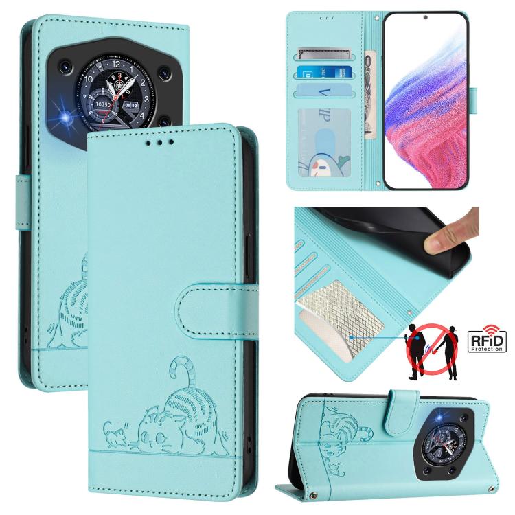 Light teal RFID leather phone case with embossed cat-rat design and card window, flip cover.