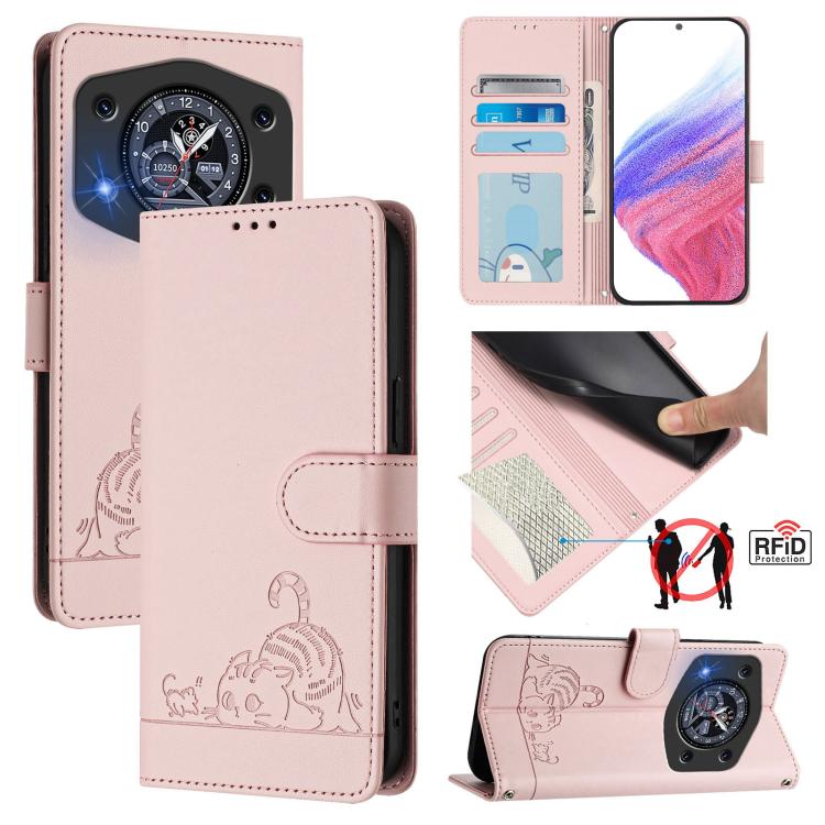 RFID leather phone wallet case, pink, embossed cat and rat pattern, magnetic flap