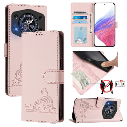 RFID leather phone wallet case, pink, embossed cat and rat pattern, magnetic flap