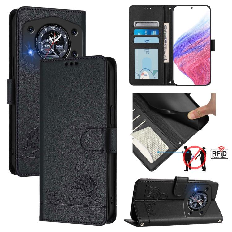 RFID leather phone wallet case, black, embossed cat and rat pattern, magnetic flap