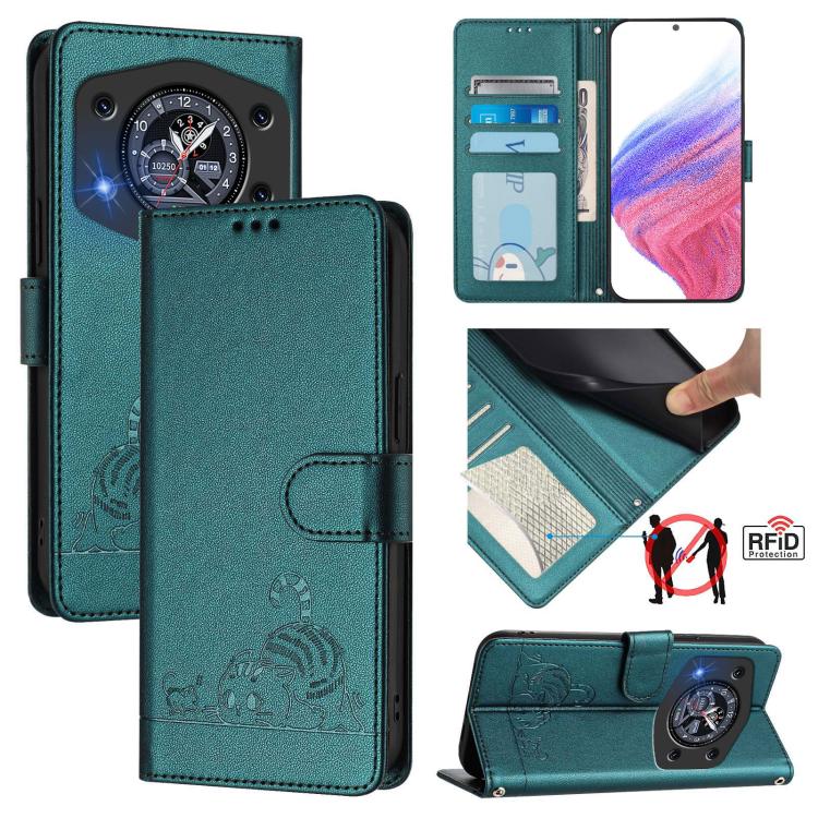 RFID leather phone wallet case, peacock green, embossed cat and rat pattern, magnetic flap