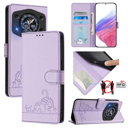 RFID leather phone wallet case, purple, embossed cat and rat pattern, magnetic flap
