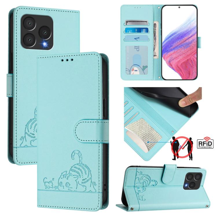 Mint green embossed cat-and-rat leather phone case with lanyard, folio wallet