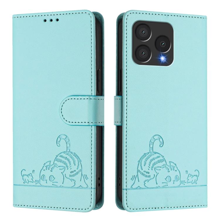 Mint green embossed cat-and-rat folio phone case, card pocket and snap closure