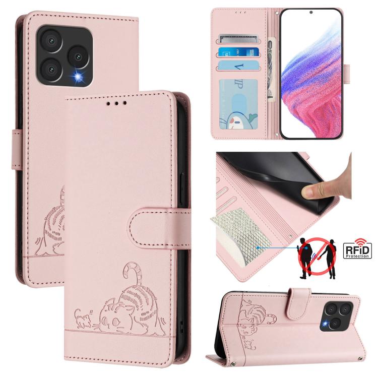 Pink embossed cat-and-rat leather phone case with lanyard, folio wallet