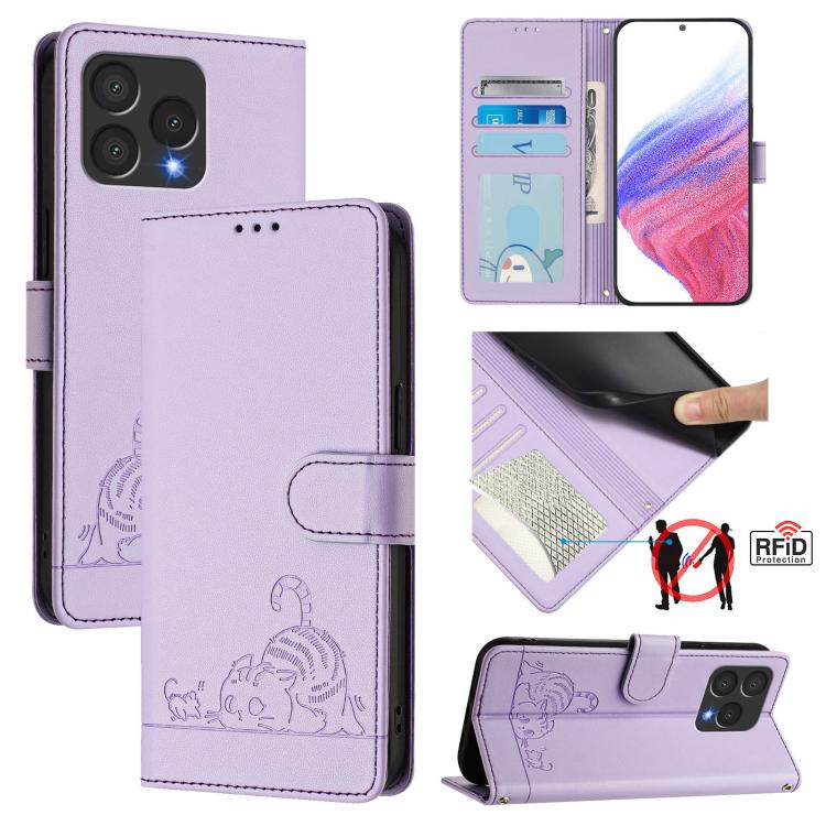 Light purple RFID leather phone case with embossed cat-rat design, flip cover and card window.
