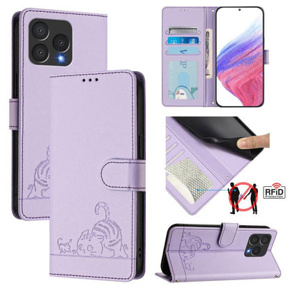Light purple RFID leather phone case with embossed cat-rat design, flip cover and card window.