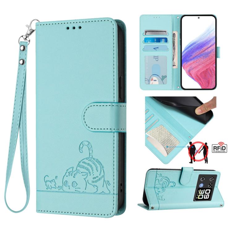 Mint green RFID leather phone case with embossed cat-rat design and wrist lanyard, flip cover.