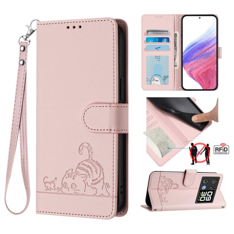 Pink RFID leather phone case with embossed cat-rat design and wrist lanyard, flip cover.
