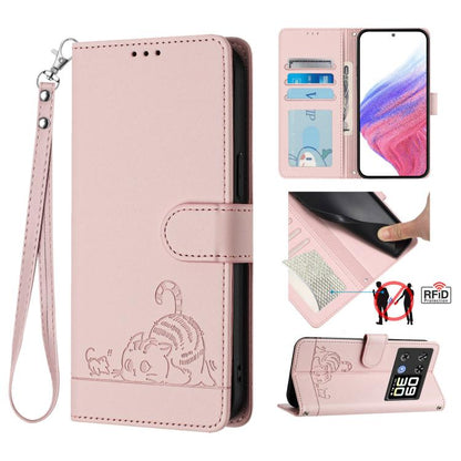Pink RFID leather phone case with embossed cat-rat design and wrist lanyard, flip cover.