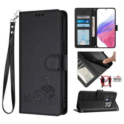 Black RFID leather phone case with embossed cat-rat design and wrist lanyard, flip cover.