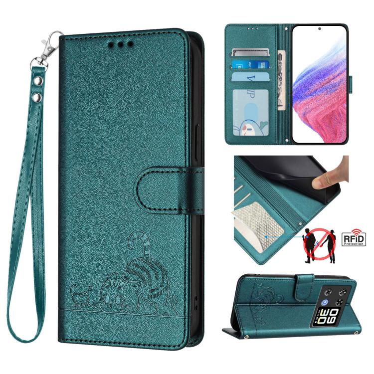 Teal RFID leather phone case with embossed cat-rat design, flip cover and card window.