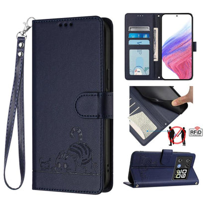 Navy RFID leather phone case with embossed cat-rat design, flip cover and card window.