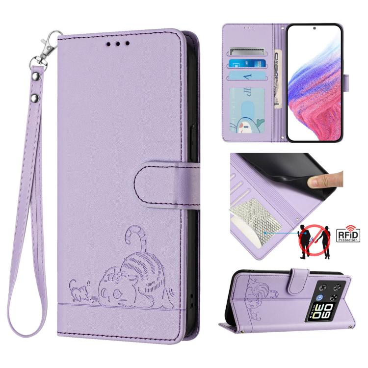 Lavender RFID leather phone case with embossed cat-rat design and wrist lanyard, flip cover.