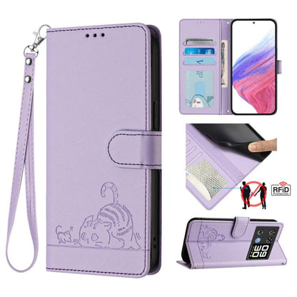 Lavender RFID leather phone case with embossed cat-rat design and wrist lanyard, flip cover.