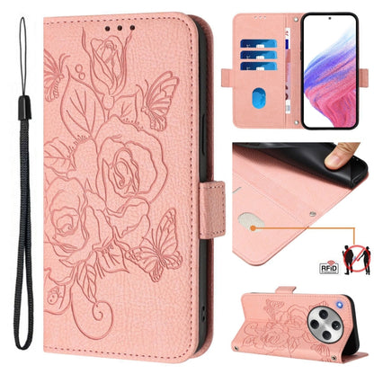 RFID embossed rose leather phone wallet case with wrist strap, pink, flip cover